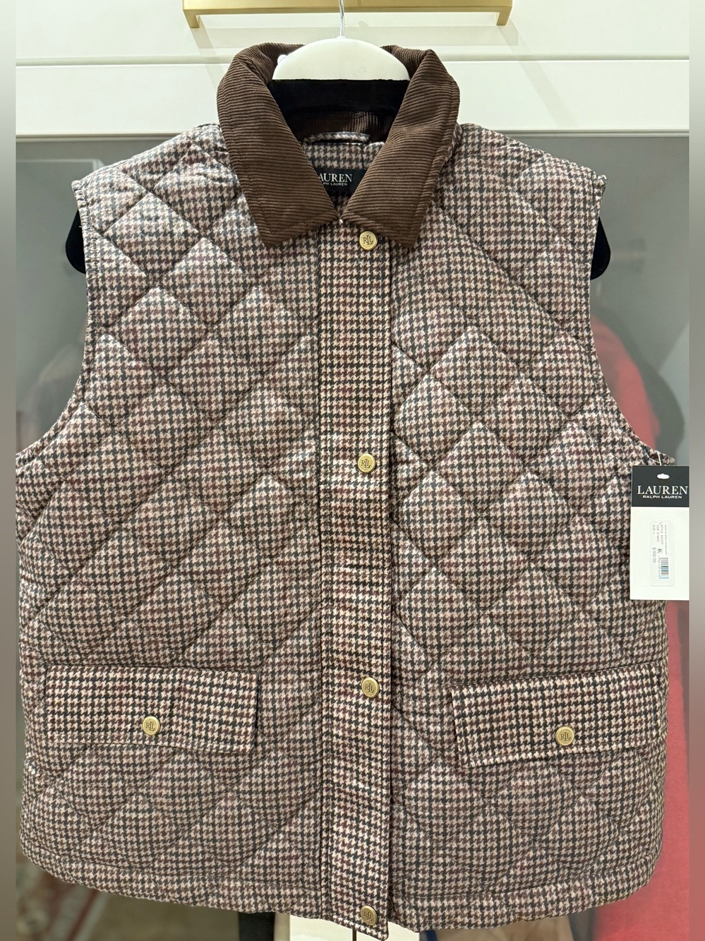NWT Lauren Ralph Lauren Quilted Houndstooth Vest Brown Size L